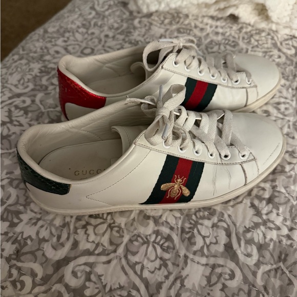 Gucci Shoes - Gucci White Leather Sneakers with Red & Green Stripe and Gold Bee